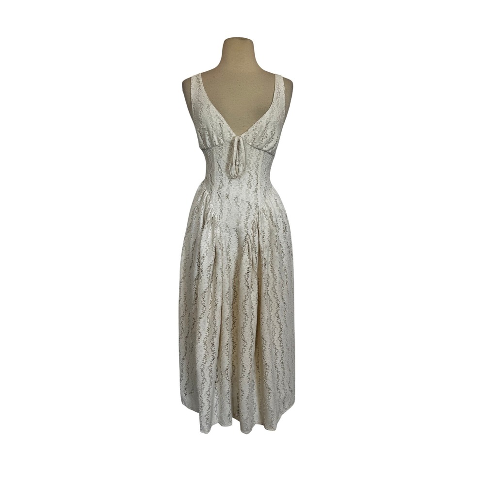 wild fable Cream Floral Lace Midi Dress V-Neck Tie Front Smocked Back Boho SZ S